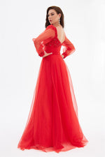 Red Glittery Tulle Front Embroidered Long Sleeve Engagement