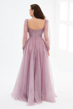 Lavender Glittery Tulle Front Embroidered Long Sleeve Engagement Dress