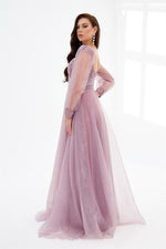 Lavender Glittery Tulle Front Embroidered Long Sleeve Engagement Dress