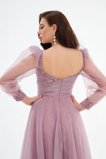 Lavender Glittery Tulle Front Embroidered Long Sleeve Engagement Dress