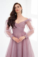 Lavender Glittery Tulle Front Embroidered Long Sleeve Engagement Dress