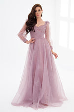 Lavender Glittery Tulle Front Embroidered Long Sleeve Engagement Dress