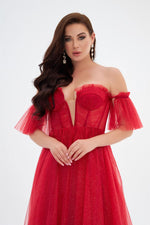 Red Glittery Tulle Tie Back Strapless Engagement