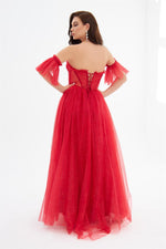 Red Glittery Tulle Tie Back Strapless Engagement