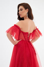 Red Glittery Tulle Tie Back Strapless Engagement