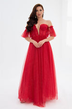 Red Glittery Tulle Tie Back Strapless Engagement