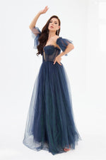 Navy Blue Silvery Tulle Tie Back Strapless Engagement Dress