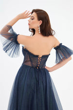 Navy Blue Silvery Tulle Tie Back Strapless Engagement Dress