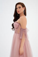 Powder Glittery Tulle Tie Back Strapless Engagement Dress