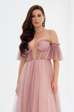 Powder Glittery Tulle Tie Back Strapless Engagement Dress