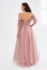 Powder Glittery Tulle Tie Back Strapless Engagement Dress