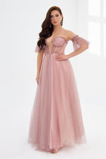 Powder Glittery Tulle Tie Back Strapless Engagement Dress