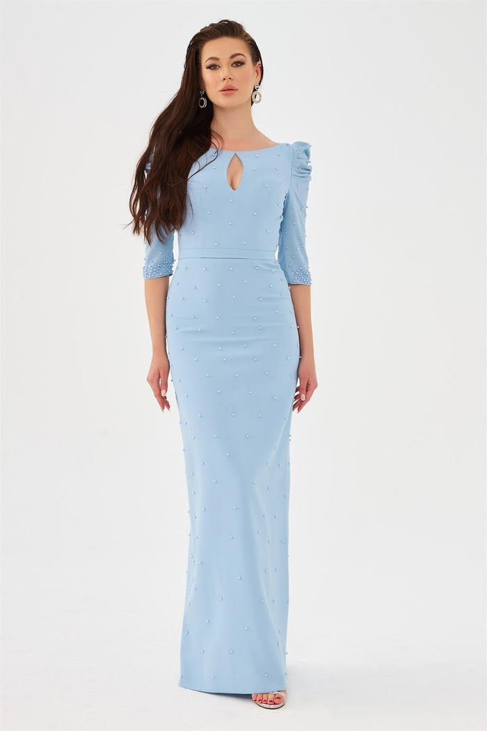 Blue Crepe Pearl Embroidered Long Evening Dress