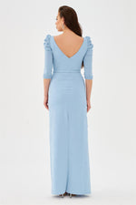 Blue Crepe Pearl Embroidered Long Evening Dress