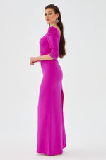 Fuchsia Crepe Pearl Embroidered Long Evening Dress