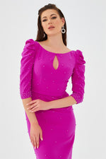 Fuchsia Crepe Pearl Embroidered Long Evening Dress