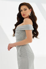 Silver Glitter Knitted Strapless Long Evening Dress