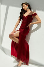 Red Glitter Knitted Strapless Long Evening Dress