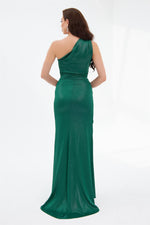 Emerald Foil One Sleeve Slit Long Evening Dress