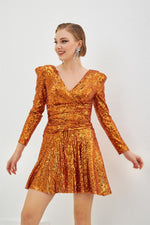 Orange Sequined Long Sleeve Short Evening Dress