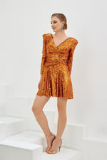 Orange Sequined Long Sleeve Short Evening Dress