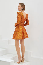 Orange Sequined Long Sleeve Short Evening Dress