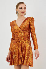 Orange Sequined Long Sleeve Short Evening Dress