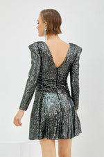 Black Sequined Long Sleeve Short Evening Dress