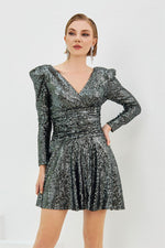 Black Sequined Long Sleeve Short Evening Dress