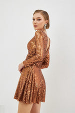 Copper Sequin Sequined Long Sleeve Short Evening Dress