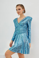 Indigo Sequined Long Sleeve Short Evening Dress