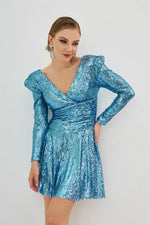 Indigo Sequined Long Sleeve Short Evening Dress