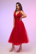 Angelino Red Tulle Low-Rise Midi Dress