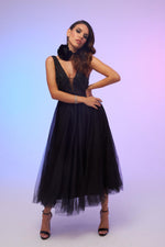 Angelino Black Tulle Low-Rise Midi Dress
