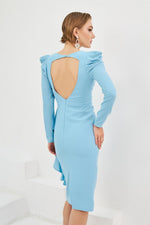 Blue Crepe Backless Waistband Midi Evening Dress
