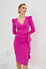 Fuchsia Crepe Low-Cut Back Waistband Midi Evening Dress