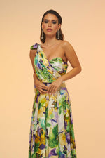 Angelino Green Printed Single Sleeve Long Evening Dress
