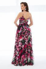 Fuchsia Empirme Belly Decollete Slit Long Evening Dress