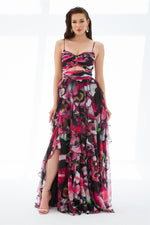 Fuchsia Empirme Belly Decollete Slit Long Evening Dress