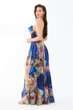 Angelino Saks Printed Cat Ear Slit Long Evening Dress