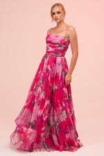 Angelino Fuchsia Strap Slit Printed Evening Dress