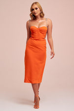 Angelino Orange Stone Lace Midi Crepe Evening Dress