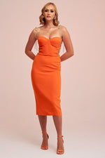 Angelino Orange Stone Lace Midi Crepe Evening Dress