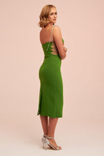 Angelino Pistachio Green Stone Lace Midi Crepe Evening Dress