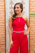 Angelino red collar waist stone jumpsuit