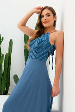 Angelino indigo strap stamp sequined long evening dress dress