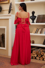 Angelino Red Volan with Lace Slit Evening Dress