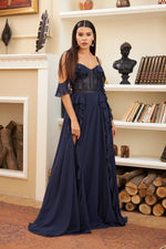 Angelino Navy Blue Volan with Lace Slit Evening Dress