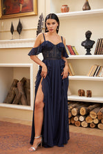 Angelino Navy Blue Volan with Lace Slit Evening Dress