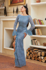 Angelino Indigo Brode Lace Arms Volan Long Evening Dress